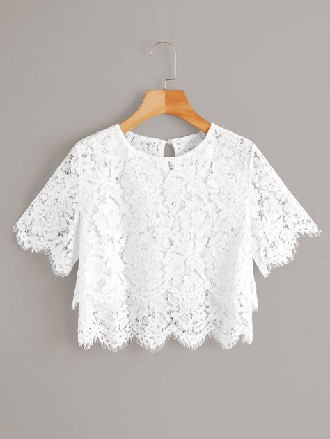 Scallop Hem, Lace Crop Tops, Scalloped Hem, Crop Blouse, White Blouse, Sheer Fabrics, Lace Blouse, Women Lace, Lace Tops