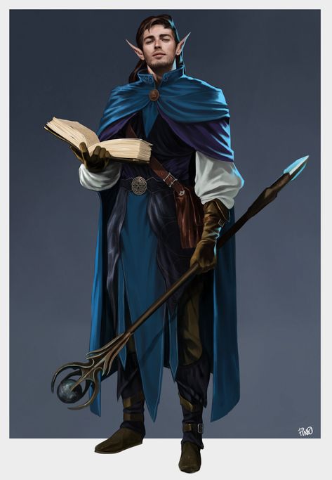 Wizard With Staff Pose, Order Of The Scribes Wizard, Fantasy Npc Art, D&d Sorcerer, Elf Wizard Male, Wizard Dnd Character Design, Wizard Character Art, Mage Concept Art, D&d Npc