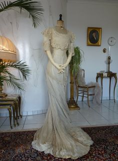 Exquisite Belle Epoque Wedding Gown, ca. 1909 Antique Wedding Gown, Edwardian Wedding Dress, Antique Wedding Dresses, Edwardian Wedding, Satin Wedding Gown, Edwardian Dress, Old Dresses, Antique Wedding, Antique Dress