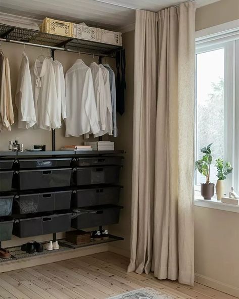 21 Clever Closet Curtain Ideas to Hide Any Clutter Walk In Closet Curtain Ideas, Additional Closet Space Ideas, Walk In Closet With Curtains, Curtain Storage, Curtain Wardrobe Ideas, Open Space Closet, Open Closet Curtain Ideas, Open Closet Ideas With Curtain, Rental Friendly Closet Makeover