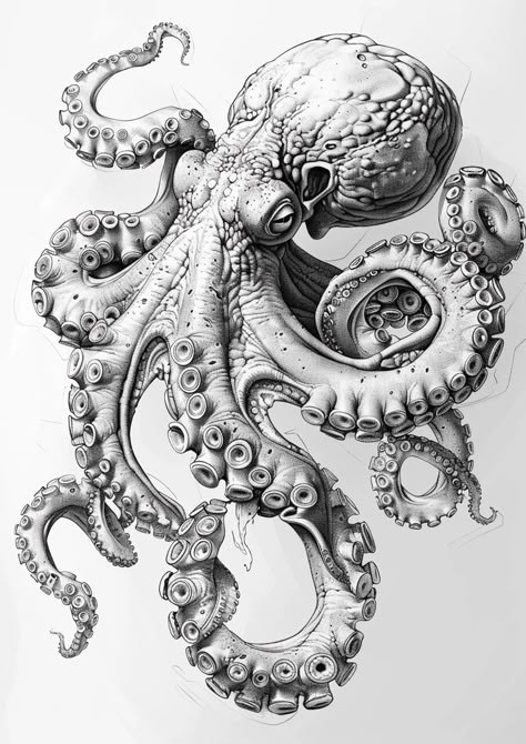 Octopus Tattoos Drawing, Octopus Art Reference, Creepy Octopus Tattoos, Octopus Vintage Illustration, Giant Pacific Octopus Drawing, Big Octopus Tattoo, The Kraken Drawing, Octopus Holding Something, Octopus Tattoo Sketch