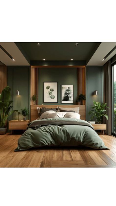 Green Accent Room Ideas Bedroom, Evergreen Bedroom Ideas, Serene Master Bedrooms Decor, Accent Wall Bedroom Wood, Green Accent Wall Bedroom Ideas, Luxury Green Bedroom, Green Wood Bedroom, Evergreen Bedroom, Calming Bedroom Ideas Inspiration