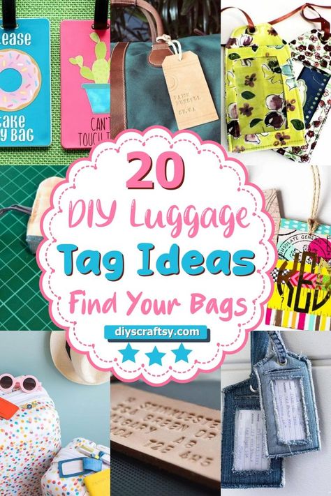 DIY Luggage Tag Ideas Luggage Labels Diy, Diy Luggage Tags Easy No Sew, Suitcase Identifier Diy, Homemade Luggage Tags, Suitcase Tags Ideas, Sew Luggage Tag Free Pattern, Cricut Suitcase Ideas, Creative Luggage Tags, Acrylic Luggage Tags Diy