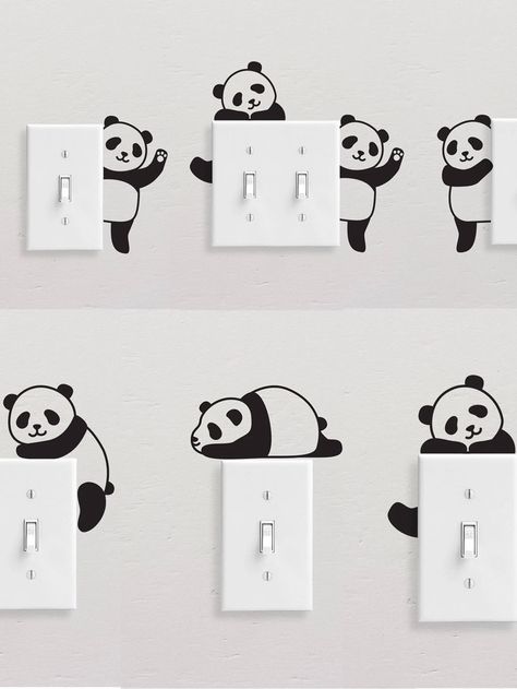 Black  Collar  PVC   Embellished   Home Decor Painting Ideas For Switch Board, Panda Bathroom Decor, Wall Painting Switch Board, Switch Decoration Ideas, Panda Wall Painting, Wall Drawing Ideas Creativity, Switch Board Art Ideas, Cute Wall Stickers, Light Switch Decor