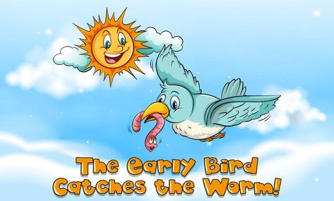 Idiom expression for early bird catches the worm Early Bird Catches The Worm, Pre Primary School, Early Childhood Program, Native English, School Cartoon, Discount Banner, Baby Images, Alphabet Tracing, Cute Lion