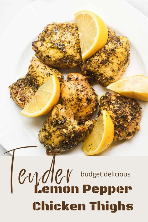 Lemon Pepper Chicken Thighs are the perfect weeknight meal. We’re talking tender and juicy chicken with a deliciously crispy skin that’s loaded with lemon pepper seasoning and a hint of garlic that’s ready to serve in just 30 minutes. College Cooking Recipes, Lemon Pepper Chicken Thighs, Oven Baked Chicken Tenders, Baked Lemon Pepper Chicken, Lemon Chicken Thighs, Baked Lemon Chicken, Crispy Oven Baked Chicken, College Dinner Recipes, Pepper Seasoning