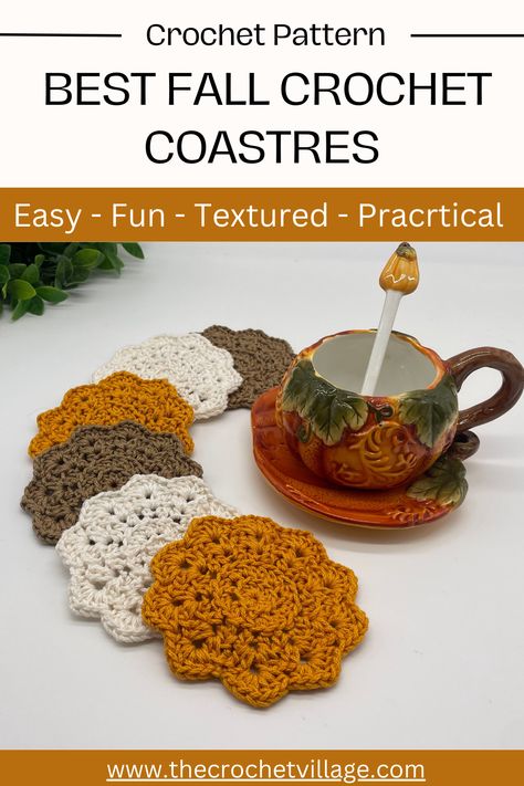 A cup with six crochet coasters in fall colors Crochet Fall Coasters, Kitchen Crochet Patterns, Crochet Coasters Pattern, Fall Coasters, Craft Mirror, Circle Coasters, Crochet Fall Decor, Coasters Pattern, Crochet Circle Pattern