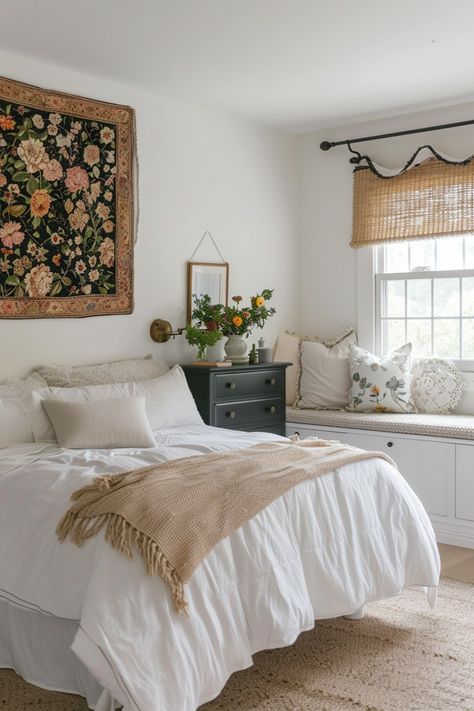 Find inspiration in vintage cottage bedroom decor with our 20 ideas, blending floral patterns and weathered textures for a cozy escape. Vintage Cosy Bedroom, Cottage Inspired Bedroom, Cottage Aesthetic Bedroom, Cottage Bedroom Decor Ideas, Vintage Cottage Bedroom, Cottagecore Bedroom Decor, Cottage Bedroom Ideas, French Cottage Bedroom, Cottage Style Bedrooms