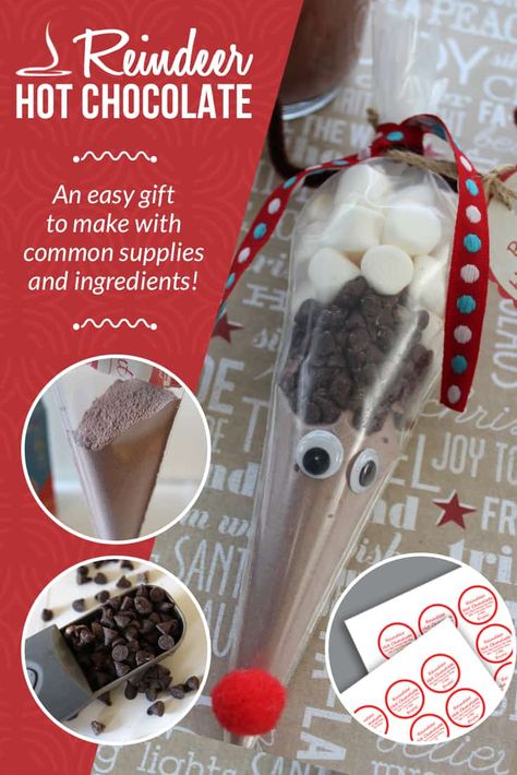 Hot Chocolate Reindeer, Diy Hot Chocolate Mix Recipes Homemade Gifts, Gifting Hot Chocolate, Hot Chocolate Mix Recipe Dry Gift Bags, Raindeer Hot Chocolate, Hot Chocolate Mix Gift, Hot Chocolate Mix Recipe Dry Gift, Diy Hot Chocolate Gifts, Hot Chocolate Gift Ideas