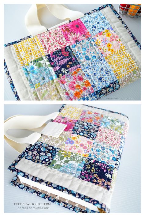 Quilted Book Bag Free Sewing Pattern Small Quilted Gifts Free Patterns, Book Related Sewing Projects, Quilted Sewing Machine Cover Pattern, Classroom Sewing Projects Teachers, Book Bag Sewing Pattern Free, Bible Case Sewing Pattern Free, Group Sewing Projects, Sew Book Bag, Quilted Dish Towels