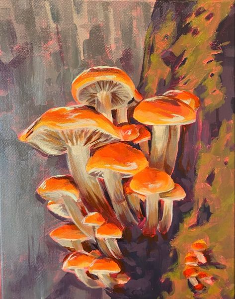 Guache Paintings Mushroom, Art Inspiration Mushroom, Creative Mushroom Art, Oil Pastel Mushroom Drawing, Mushroom Painting Realistic, Mushroom Window Painting, Acrylic Paint Mushroom, Colorful Mushroom Painting, Colorful Mushroom Drawing