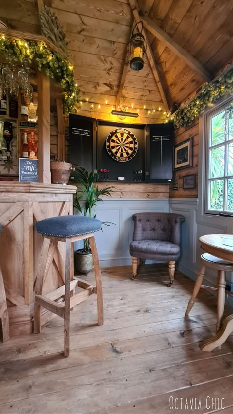 Man Cave Shed Ideas Backyards, Darts Setup, Backyard Shed Bar Ideas, Summer House Bar, Shed Bar Ideas, Backyard Pub, Garden Bar Shed, Garden Pub, Home Bar Plans