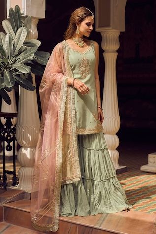 Buy Green Dupion Silk Embroidered Pearl And Cut Dream Kurta Sharara Set For Women by Mona and Vishu Online at Aza Fashions. Green Gharara, Green Sharara Suit, Green Sharara, Blush Outfit, Indian Suits For Women, Leaf Sleeve, Sharara Designs, Kurta Sharara Set, Kurta Sharara