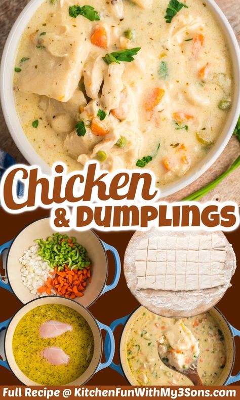 This easy Chicken and Dumplings recipe is made all in one pot right on your stovetop. It’s creamy, flavorful, and delicious. Your family is going to love this meal! Chicken And Dumplings Southern, Easy Chicken Dumpling Recipes, Easy Chicken And Dumplings Recipe, Best Chicken And Dumplings, Creamy Chicken And Dumplings, Easy Chicken And Dumplings, Chicken N Dumplings, Chicken Dumpling Soup, Chicken Dumplings Recipe