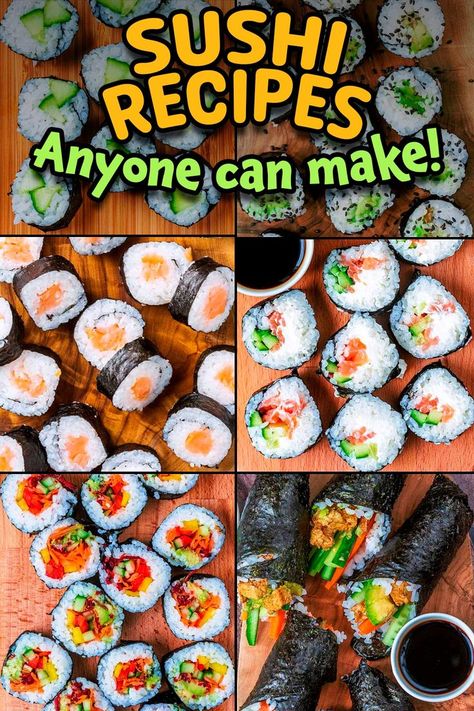 A collage of different sushi with a text title overlay.