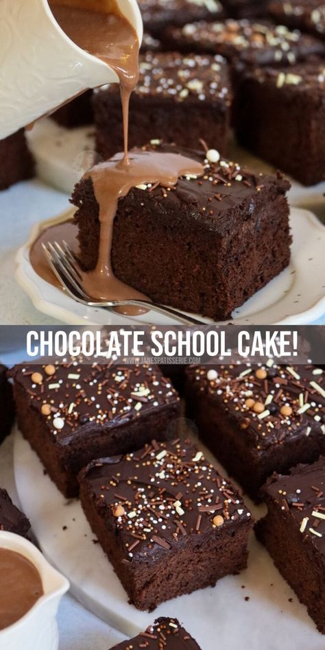 Chocolate School Cake! - Jane's Patisserie Baking Recipes Uk, Choc Fudge Cake, Chocolate School, Chocolate Traybake, Chocolate Cake Icing, Traybake Cake, Cake Recipes Uk, Choco Cake, Patisserie Cake