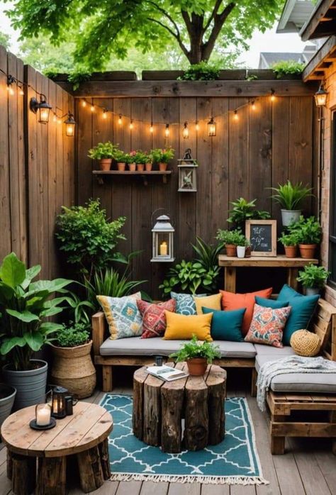 Small Stoep Idees, Concrete Patio Garden Ideas, Backyard Corner Deck Ideas, Small Outdoor Spaces Patio, Townhouse Courtyard Garden, Diy Terrace Ideas, Townhouse Courtyard Ideas, Small Courtyard Patio, Small Patio Storage Ideas