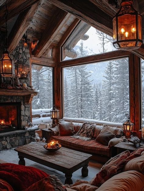 Cozy Winter Cabin Aesthetic, Winter House Interior, Rustic Cabin Interior, Cabin Interior Ideas, Cabin Aesthetic, Cabin Interiors, Cabin Living, Winter Cabin, Cabins And Cottages