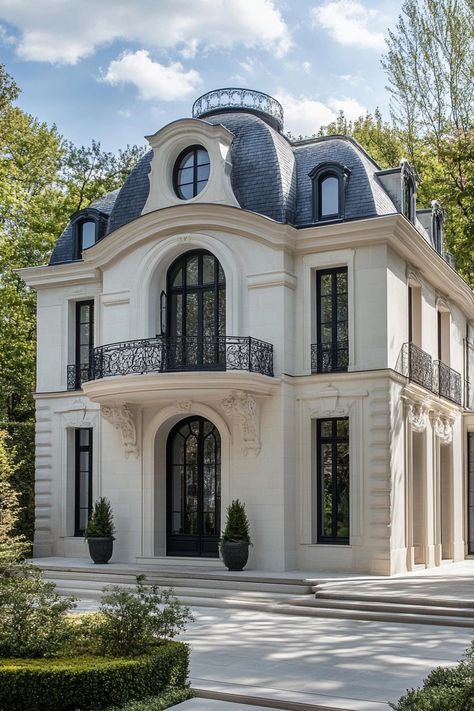 Modern french mansion with round facade and dome roof. Let’s reveal the charming features, quirky details, and luxurious elegance of French mansions. Modern Chateau House, Modern French Country House Exterior, Modern French Mansion, Small French Chateau, Modern French Country House, Old Money Interior Design, Modern Chateau, Old Money Interior, Country House Exterior