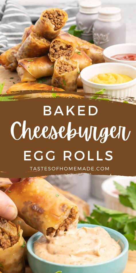 Baked cheeseburger egg rolls are an irresistible and unique appetizer, meal, or snack. They are easy to make, with store-bought egg roll wrappers stuffed with ground beef, sharp cheddar cheese, diced onion, and relish. The egg rolls are baked until golden and crispy, giving them a crunchy texture that perfectly pairs with the juicy and savory filling. Cheesy Beef Egg Rolls, Egg Roll Baked, Baked Cheeseburger Eggrolls, Egg Roll Wrapper Recipes Baked, Baked Eggroll Recipes, Cheeseburger Egg Roll, Appetizer Egg Rolls, Cheeseburger Egg Rolls Air Fryer, Cheese Burger Egg Rolls Recipe