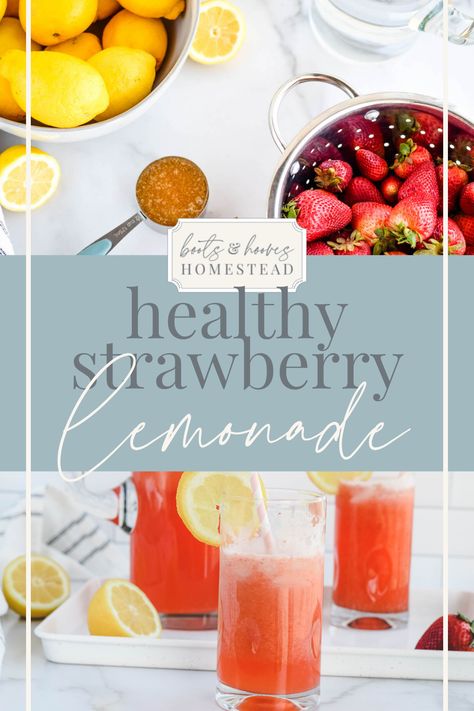 This healthy strawberry lemonade recipe is naturally sweetened with a little honey. The best part about it – it’s easy to make and tastes delicious. It’s sweetened with honey instead of processed white sugar, making it good for you. This sweet drink is perfect for a hot day! The strawberries add a nice contrast to the tart lemonade and pairs deliciously with the real honey, making it the perfect summer drink. Healthy Strawberry Lemonade, Fresh Strawberry Lemonade, Good Lemonade Recipe, Honey Making, Easy Strawberry Lemonade, Lemon Juice Recipes, Healthy Lemonade, Sugar Free Lemonade, Organic Lemonade