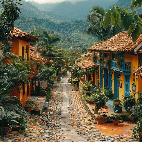 South America Landscape, Latin America Architecture, South American Landscape, South America Architecture, Tropical Town Aesthetic, Central American Architecture, South American Jungle, South American Culture, South American Aesthetic