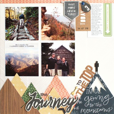 Die cut mountains with title on it Trip Scrapbook, Nature Scrapbook, Camping Scrapbook, Beach Scrapbook Layouts, Scrapbooking Layouts Travel, Travel Scrapbook Pages, Ski Trips, Diy Designs, Vacation Scrapbook