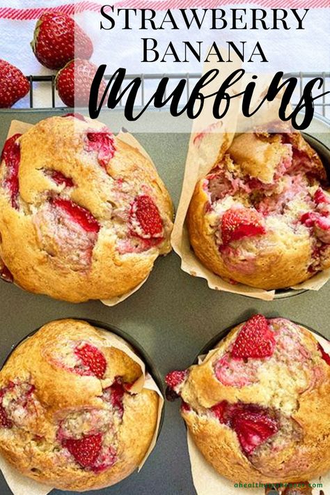 Strawberry Banana Muffins | A Healthy Makeover Recipes Strawberry Sour Cream Muffins, Strawberry Banana Shortcake, Strawberry Crumble Muffins, Summer Muffin Recipes, Strawberry Banana Recipes, Strawberry Banana Muffins, Strawberry Recipes Easy, Strawberry Muffin Recipes, Breakfast Favorites