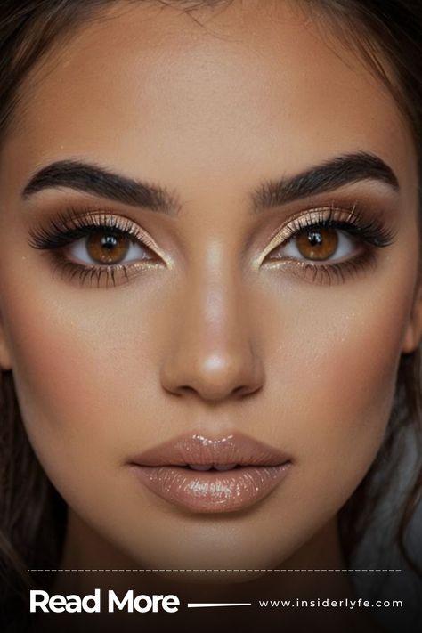 Soft Contour and Highlighter with Natural Lips Brown Eyes Bride Makeup, Wedding Hooded Eye Makeup, Hollywood Glam Eye Makeup, Natural Glowy Eye Makeup, Brown Makeup Looks Wedding, Photoshoot Makeup Natural, Bridal Makeup For Brown Skin Indian, Bridesmaid Make Up Brown Eyes, Make Up For Champagne Gown