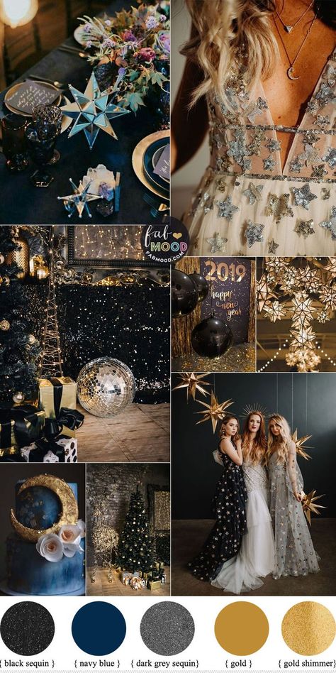 Celestial Wedding Theme, Blue Gold Wedding, Starry Night Wedding, Gold Wedding Colors, Black Gold Wedding, Nye Wedding, New Years Eve Weddings, Wedding Colour, Celestial Wedding