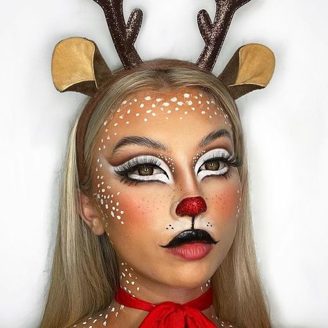 Rudolph Costume Diy, Reindeer Makeup Look, Rudolph Makeup Simple, Diy Reindeer Costume Women, Rudolph Makeup Reindeer, Cute Reindeer Makeup, Christmas Character Makeup, Xmas Face Paint, Rudolph The Red Nosed Reindeer Makeup