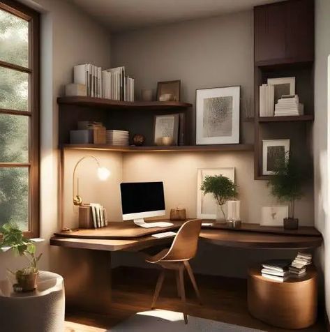 Corner Home Office Desk, Home Office With Corner Desk Ideas, Corner Desk And Shelving, Small Living Room Ideas Apartment With Computer Desk, Office Decor Corner Desk, Desk And Library Work Spaces, Computer Desk Corner, Angle Desk Ideas, Office Nook Ideas Small Workspace Corner Desk