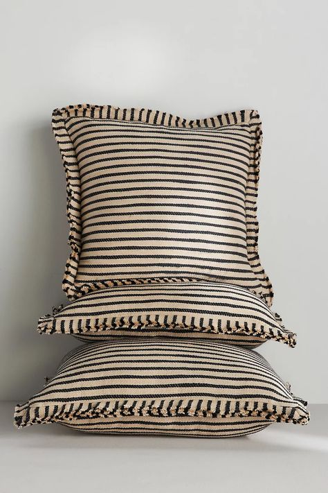 Luxe Linen Blend Pillow | AnthroLiving Throw Pillows Rustic, Cute Pillows Bedroom Aesthetic, Striped Pillows Living Room, Black And White Throw Pillow, Metal Bedframe Bedroom Ideas Cozy, Striped Throw Pillows, Linen Home Decor, Pillow Photoshoot Ideas, Throw Pillows On Bed