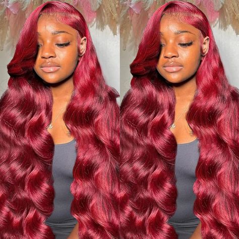 PRICES MAY VARY. 99j Burgundy Lace Front Wigs Human Hair Material: 200% Density Wine Red HD Lace Front Wigs Human Hair for black Women, Unprocessed 10A Brazilian Virgin human hair body wave wigs, smooth and healthy, thick and bouncy, beautiful color and soft texture hd lace Front Wigs human hair high quality: 13x4 Glueless Wigs Wine Red Virgin Human Hair Wigs pre plucked with baby hair for women, HD swiss lace match all skin tone well, natural hairline and true to length, no shedding and free ta Dark Skin With Colored Wig, Color Wig Ideas, Burgundy Wig Hairstyles, Curly Burgundy Wig, Red Body Wave Wig, Burgundy Wigs For Black Women, Burgundy Body Wave Wig, Red Wigs For Black Women, Red Wig For Black Women