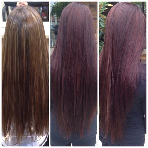 Before and after. Deep burgundy wine hair color with dark brown lowlights. BEAUTIFUL Burgundy Wine Hair Color, Burgundy Hair On Brown Skin, Burgundy Wine Hair, Blonde To Burgundy, Dark Brown Lowlights, Hair On Brown Skin, Burgundy Brown Hair, Dark Burgundy Hair, Brown Lowlights