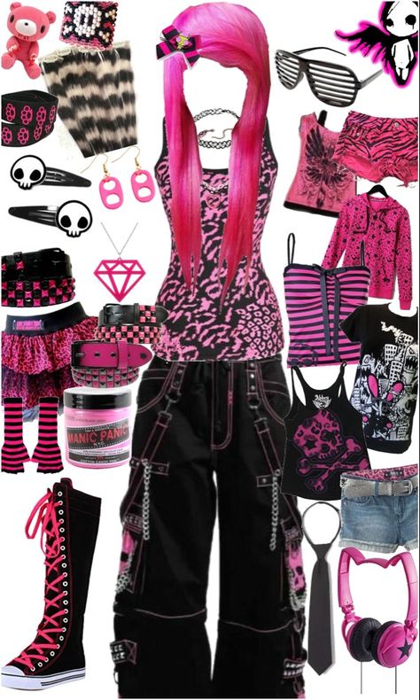 Pink Scene Aesthetic Outfit, Pretty Emo Outfits, Lots Of Accessories Outfit, Ruby Gloom Inspired Outfits, Emo Pink Outfit, Scene Girl Outfits 2000s, Scene Pink Outfit, Scene Mcbling Outfits, Pink Scenecore Outfit