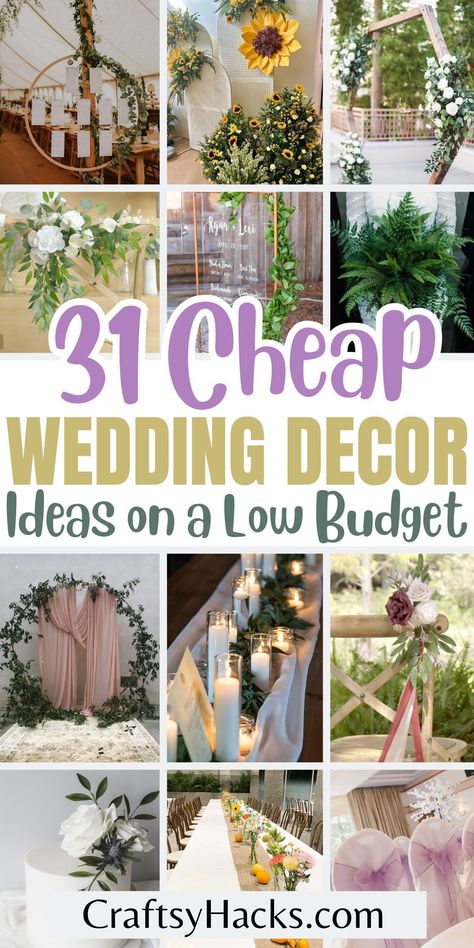 Explore affordable wedding decor ideas perfect for budget weddings. From charming DIY touches to elegant accents, find inspiration for your special day with our collection of cheap wedding decorations. Cheap Decor Wedding, Budget Wedding Table Decorations, Outdoor Rustic Wedding Ideas On A Budget, Diy Decorations For Wedding, Simple Civil Wedding Decor, Simple Cheap Wedding Decorations, Wedding Decor Not Flowers, Wedding Decor Planning, Boho Wedding Cheap