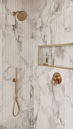 Calcutta Bathroom Tile, 3 Niche In Shower Wall, Anne Sacks Tile Bathroom, Modern Bathroom Farmhouse, Gold And White Marble Bathroom, Athena Calderone Bathroom, Pink Bathroom Modern, Fluted Marble Bathroom, Fluted Shower Tile