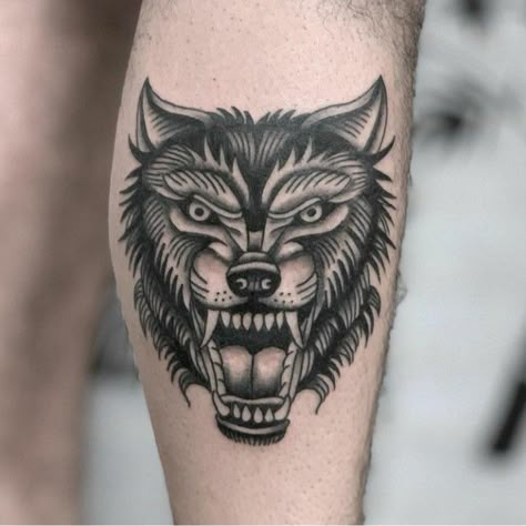 Traditional Wolf Head Tattoo, Tattoo On Calf, Traditional Wolf Tattoo, Wolf Head Tattoo, Wolf Tattoo Traditional, White Wolf Tattoo, Black And White Wolf, Brother Tattoo, Wolf Tattoo Ideas