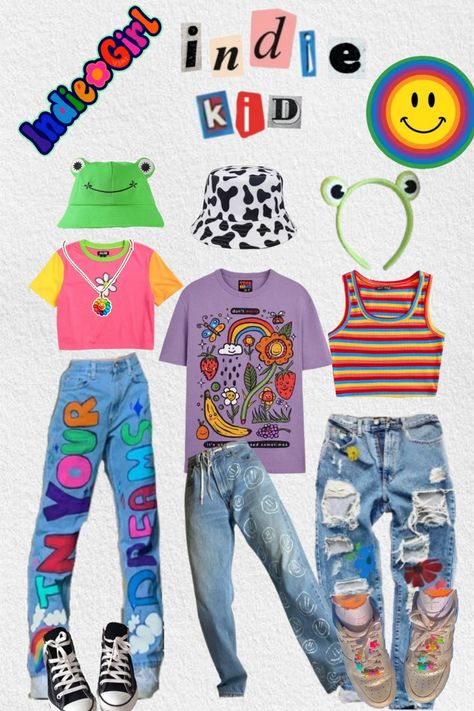 Neon Kidcore Outfit, 2020 Outfits Indie, 90s Kidcore Outfit, Kid Core Room Ideas, Kidcore Indie Outfits, Weird Core Outfit Ideas, Kidcore Style Outfits, Weird Core Aesthetic Outfits, Art Kid Aesthetic Outfit