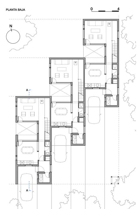 The project is located on a plot along a low density residential street in Villa La Angostura, Argentina. The goal is to achieve a higher density in the area, without intention of creating an urban street section, by encouraging the construction of new... House In Row, Houses In A Row, Row House Design, Urban Housing, Row Houses, Townhouse Designs, Architectural Floor Plans, Villa Plan, Narrow House