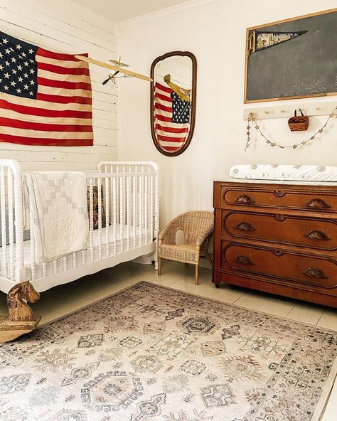 Americana Nursery, Vintage Nursery Boy, Boy Nursery Themes, Baby Boy Nursery Themes, White Crib, Farmhouse Nursery, Nursery Room Design, Baby Boy Room Nursery, Baby Room Inspiration