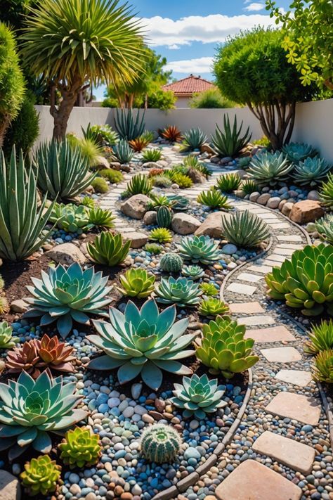 Stones In Garden Ideas, Rockscape Backyard, Cacti And Succulents Garden, Rock And Succulent Garden, Succulent Gardens Outdoor, Dessert Garden Landscape, Succulant Planting Ideas Garden, Succulent Landscape Design Front Yards, Succulent Garden Design Outdoors