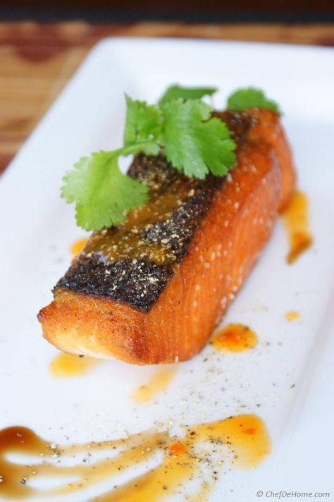 Pan-Seared Salmon with Mango Habanero Hot Sauce Recipe | ChefDeHome.com Oh yeah!, it is #paleo Mango Habanero Hot Sauce, Habanero Hot Sauce Recipe, Ways To Cook Salmon, Miso Salmon Recipe, Habanero Recipes, Easy Salmon Dinner, Healthy Salmon Dinner, Cooking Salmon Fillet, Salmon With Mango