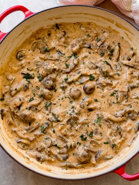 Delicious one-pot vegetarian meal! #stroganoff #vegetarian #mushrooms Stroganoff Vegetarian, Vegetarian Stroganoff, Mushroom Stroganoff Recipe, One Pot Vegetarian, American Foods, Mushroom Stroganoff, Mushroom Dish, Meatless Main Dishes, Stroganoff Recipe