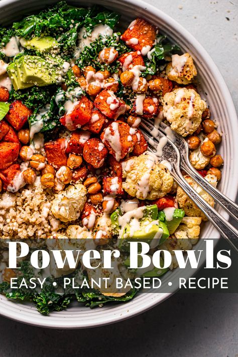 Dig into this Vegan Power Bowl—a hearty and healthy meal brimming with fluffy quinoa, roasted vegetables, crispy chickpeas, and tahini sauce. Top it with your choice of healthy extras for a flavorful powerhouse of protein and fiber! Vegetarian Nourish Bowl Recipes, Tahini Quinoa Bowl, Quinoa Superfood Bowl, Cauliflower Quinoa Bowl, Power Grain Bowls, Sweet Potato Power Bowl Quinoa, Simple Healthy Vegan Meals, High Protein Vegan Bowls, Roasted Veggies Bowl