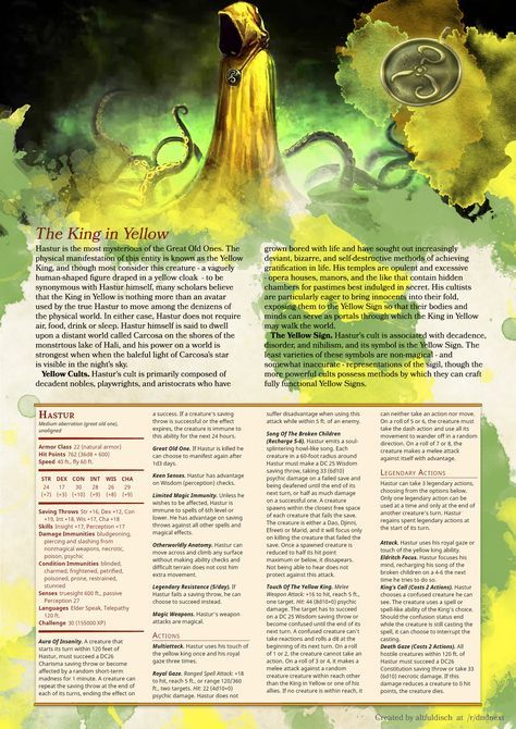 [Homebrew] Lovecraftian Monsters: Hastur, The King in Yellow v2 Dnd Dieties, Monster Stats 5e, Lovecraftian Horror Monsters, Hastur The King In Yellow, Lovecraftian Monsters, The King In Yellow, King In Yellow, Lovecraft Monsters, Dnd Creatures