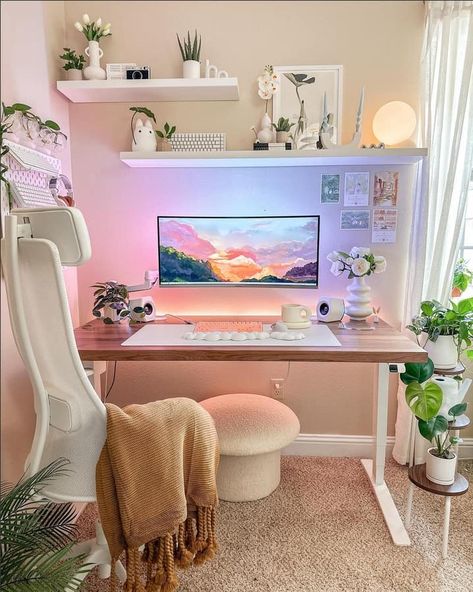 14 Cozy Gamer Girl Desk Setups - TheHomeRoute Office Corner In Bedroom Small Spaces, Study Gaming Room, Small Desk Area Ideas, Home Work Stations Ideas, Small Office Corner Ideas, Gaming Station Ideas, Gaming Desk Essentials, Small Desk Setup Ideas, Cozy Office Space At Home