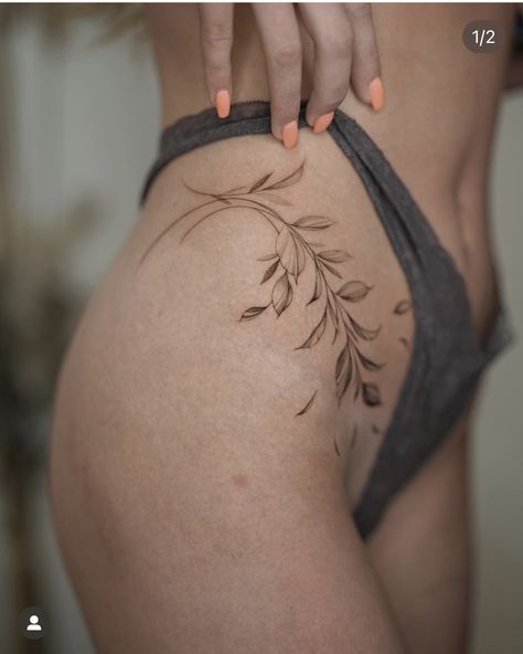 Hip Tattoos Women Leaves, Foliage Hip Tattoo, Hip Tattoo Botanical, Hip Tattoos Women Vines, Vines On Hip Tattoo, Tattoo On Hips For Woman, Hip Scar Tattoo, Vine Tattoos Stomach, Leaves On Hip Tattoo