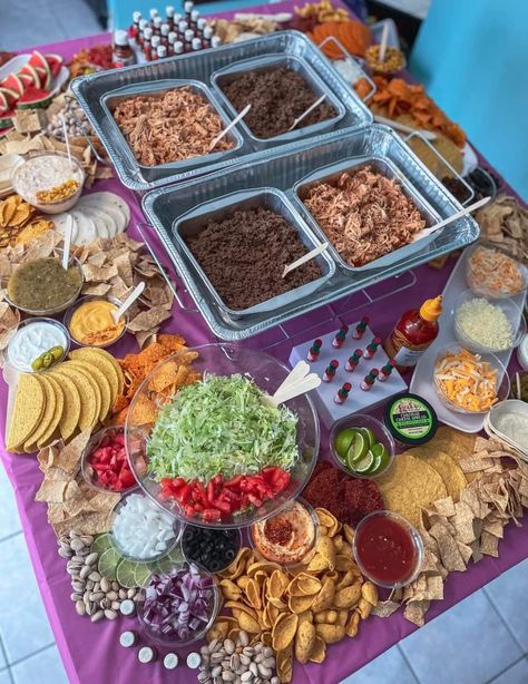 Taco Charcuterie Table, Sweet 16 Taco Bar Party Ideas, Taco Bar Charcuterie Board, Build Your Own Food Bar Ideas, Taco Table Party Ideas, Fancy Taco Bar, Build Your Own Taco Bar, Taco Charcuterie Board, Build Your Own Taco